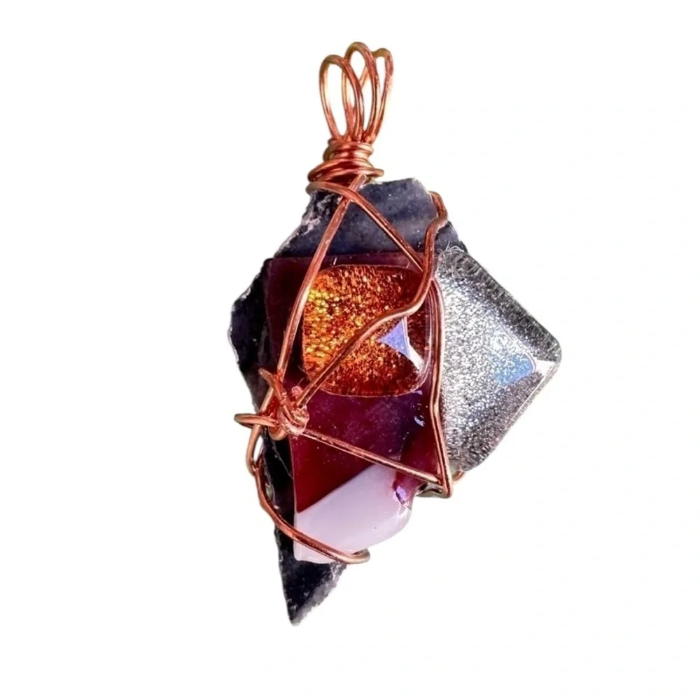 Artisan pendant necklace OOAK Handcrafted Wire-Wrapped Glass and Natural Stone